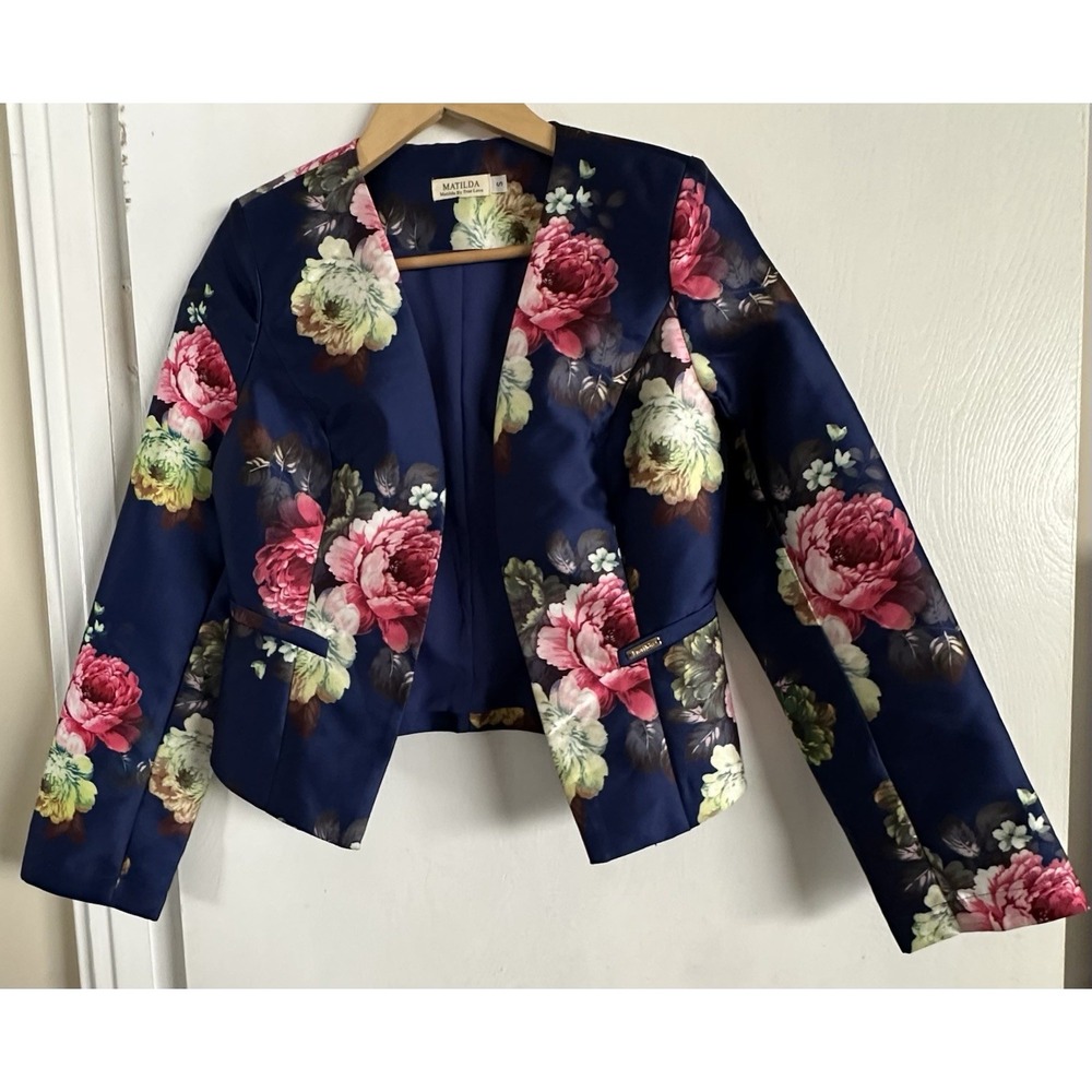 Matilda By True Love Open Front Short blazer‎ vibrant floral print navy blue S
